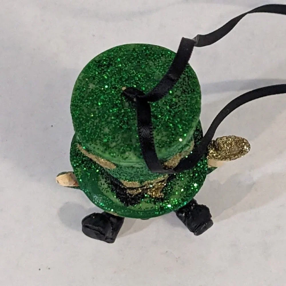 Leprechaun St Patricks Day Ornament Green Glitter Gold Shamrock Lucky Charm 4in